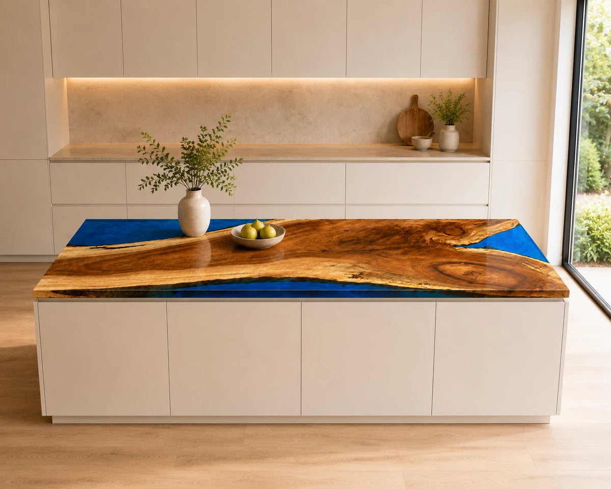 EKCC40 Sapphire Shore Sapphire Blue Epoxy Walnut Kitchen Countertop featuring handcrafted walnut wood and sapphire blue resin-2