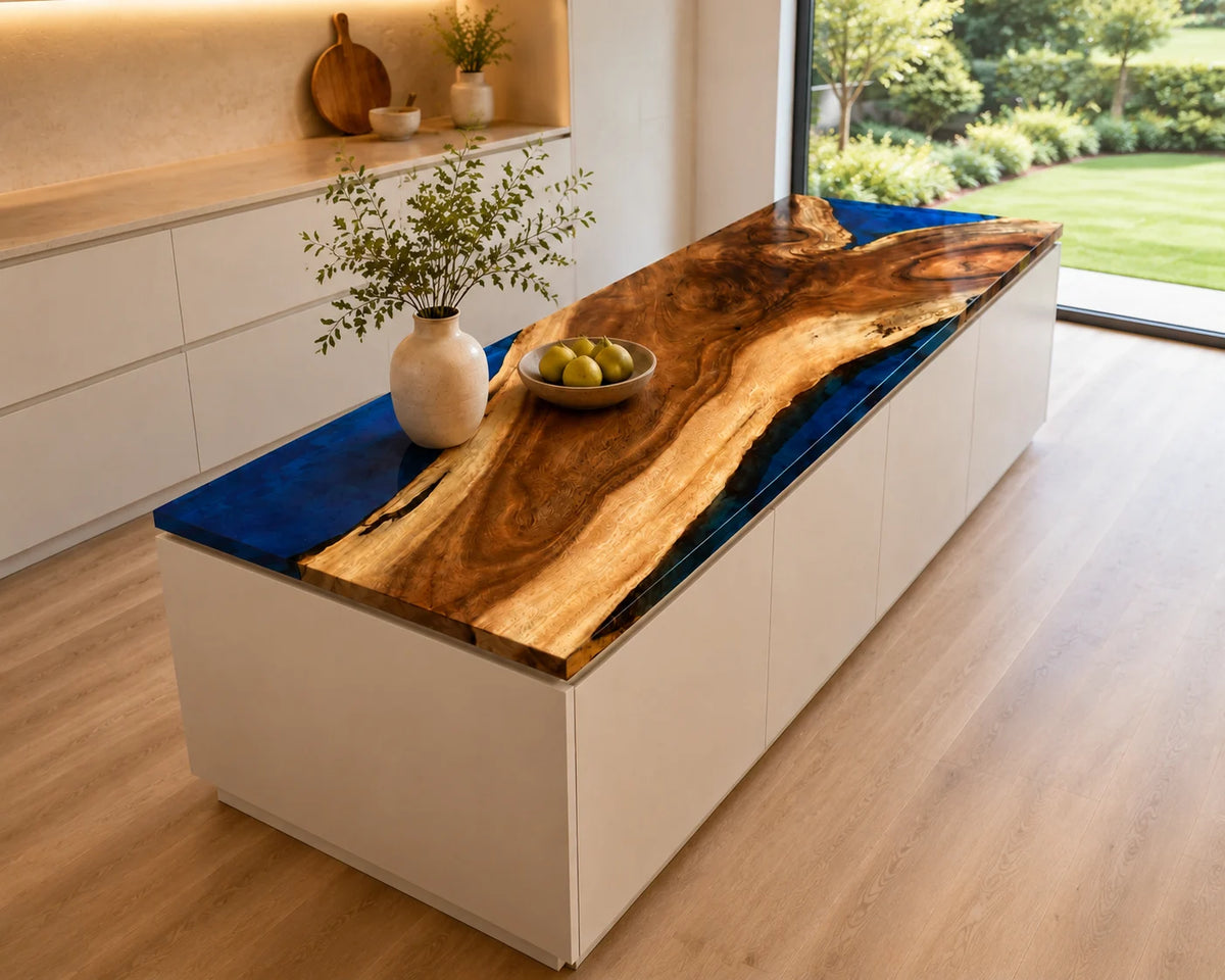 EKCC40 Sapphire Shore Sapphire Blue Epoxy Walnut Kitchen Countertop featuring handcrafted walnut wood and sapphire blue resin-3