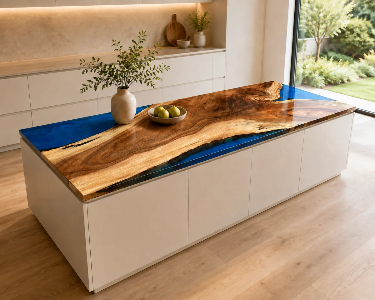 EKCC40 Sapphire Shore Sapphire Blue Epoxy Walnut Kitchen Countertop featuring handcrafted walnut wood and sapphire blue resin-4