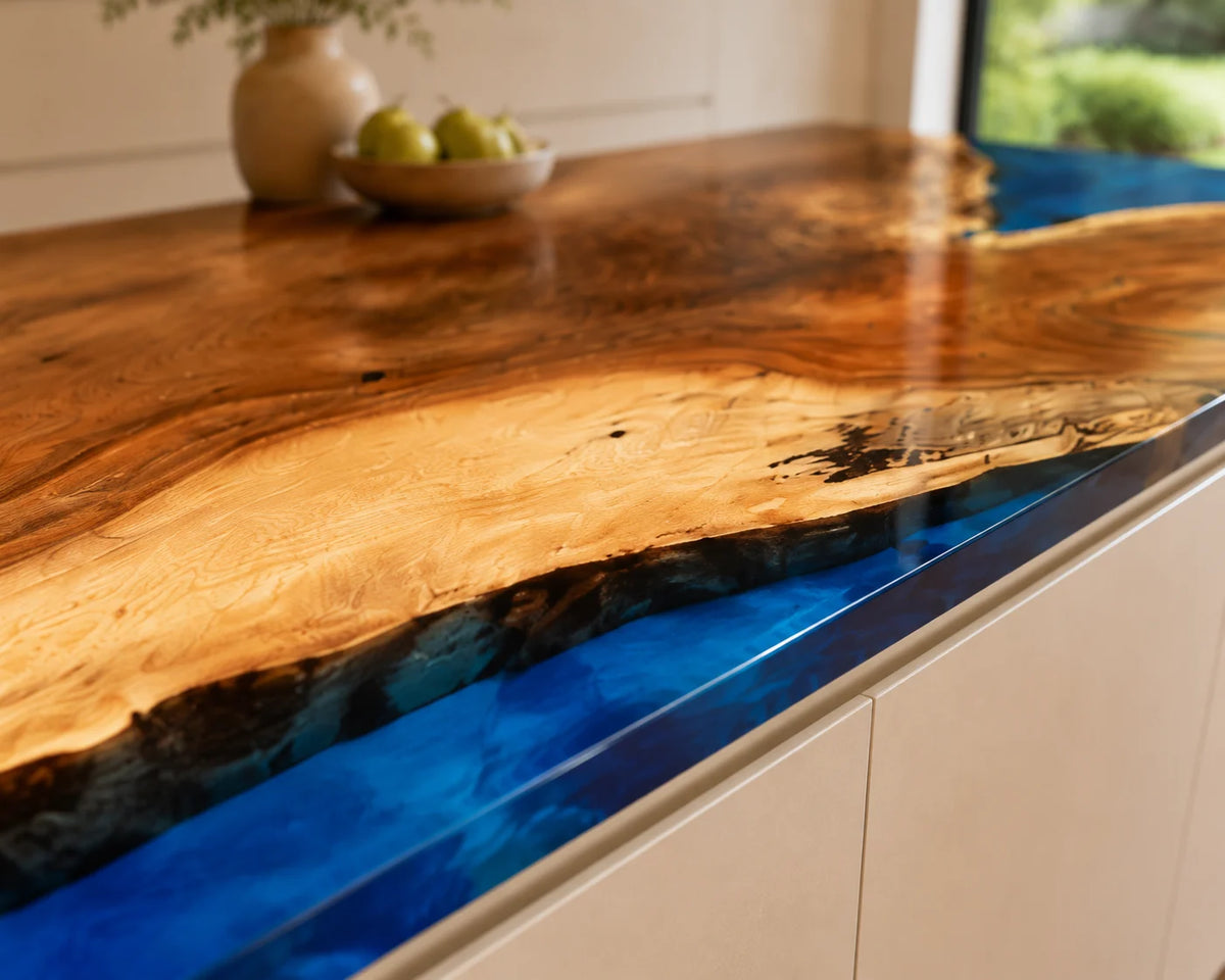 EKCC40 Sapphire Shore Sapphire Blue Epoxy Walnut Kitchen Countertop featuring handcrafted walnut wood and sapphire blue resin-5