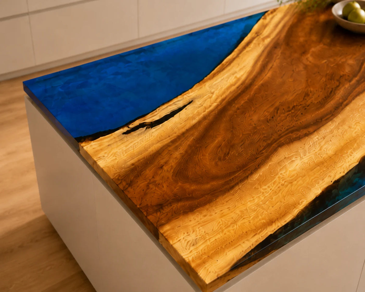 EKCC40 Sapphire Shore Sapphire Blue Epoxy Walnut Kitchen Countertop featuring handcrafted walnut wood and sapphire blue resin-6