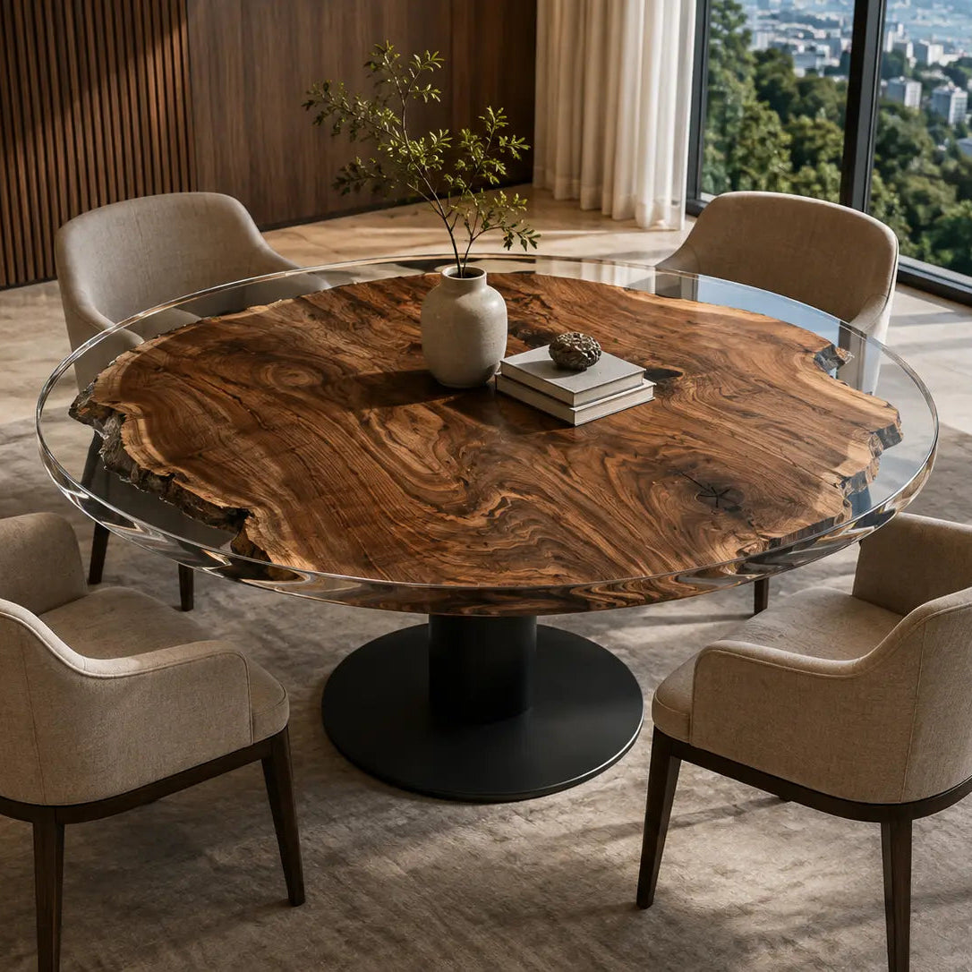ERTC01 Clear Halo Crystal Clear Epoxy Black Walnut Round Table featuring handcrafted black walnut and crystal clear resin-1