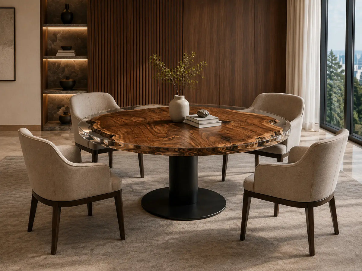 ERTC01 Clear Halo Crystal Clear Epoxy Black Walnut Round Table featuring handcrafted black walnut and crystal clear resin-4