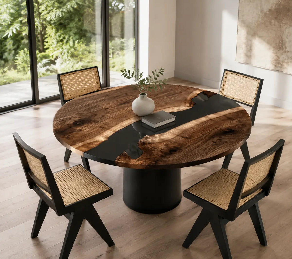 ERTC02 Onyx Crossing Jet Black Epoxy Black Walnut Round Table featuring handcrafted black walnut and jet black resin-1