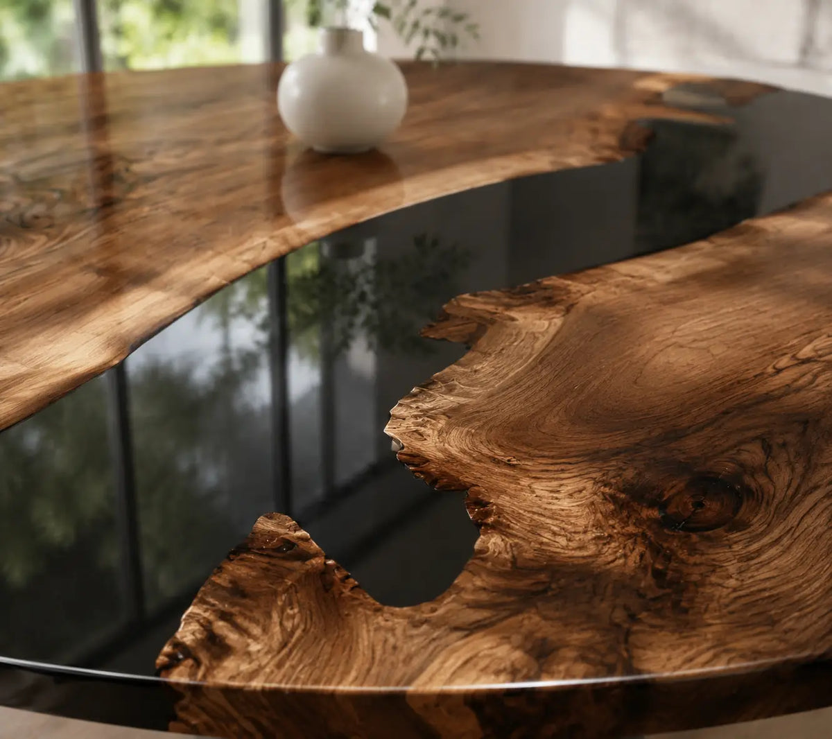 ERTC02 Onyx Crossing Jet Black Epoxy Black Walnut Round Table featuring handcrafted black walnut and jet black resin-2