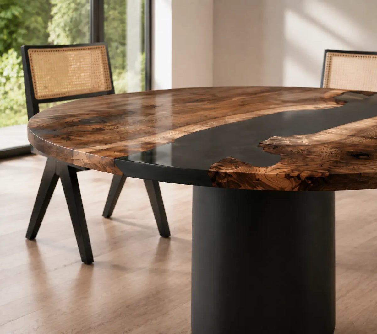 ERTC02 Onyx Crossing Jet Black Epoxy Black Walnut Round Table featuring handcrafted black walnut and jet black resin-3