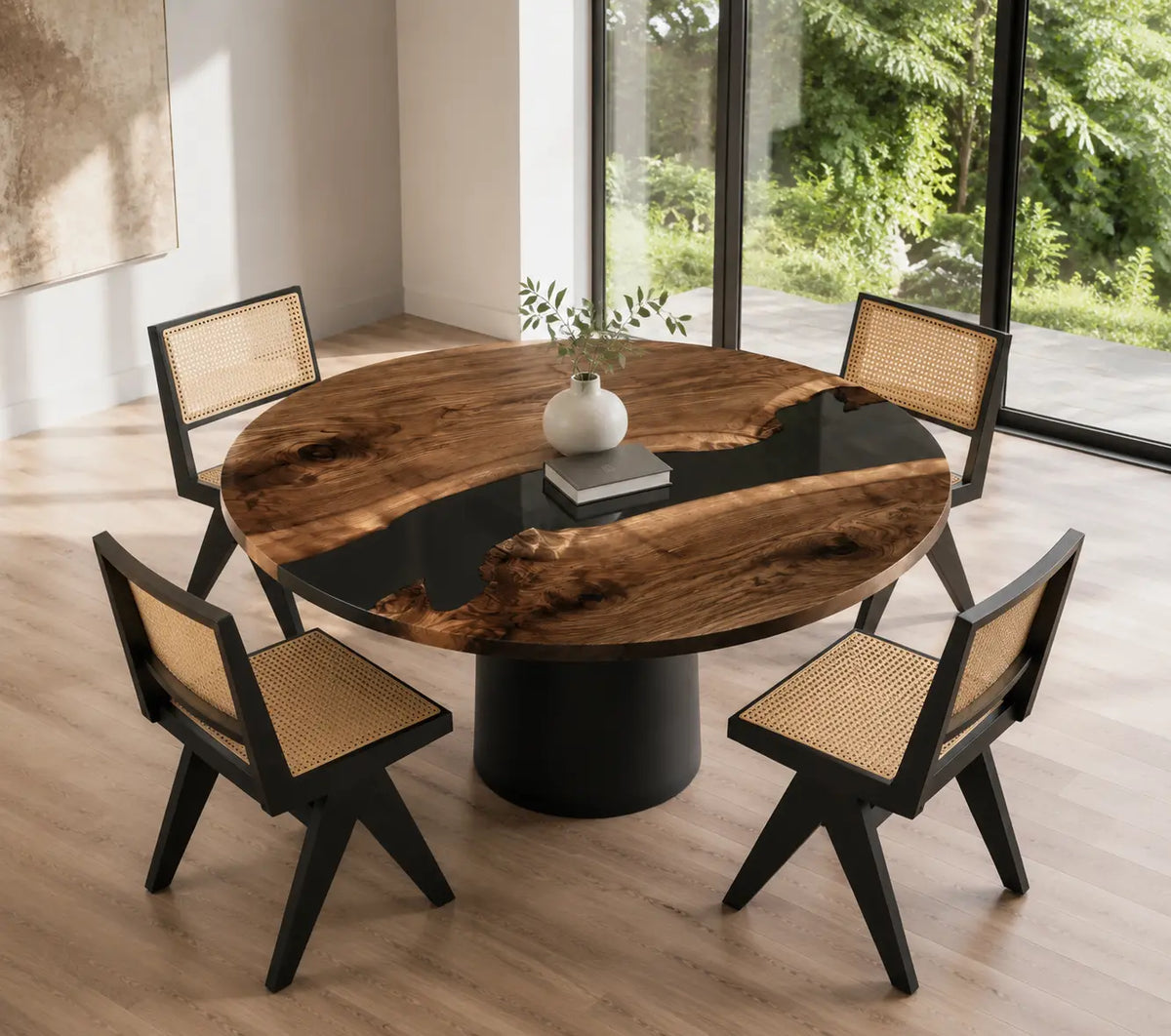 ERTC02 Onyx Crossing Jet Black Epoxy Black Walnut Round Table featuring handcrafted black walnut and jet black resin-4