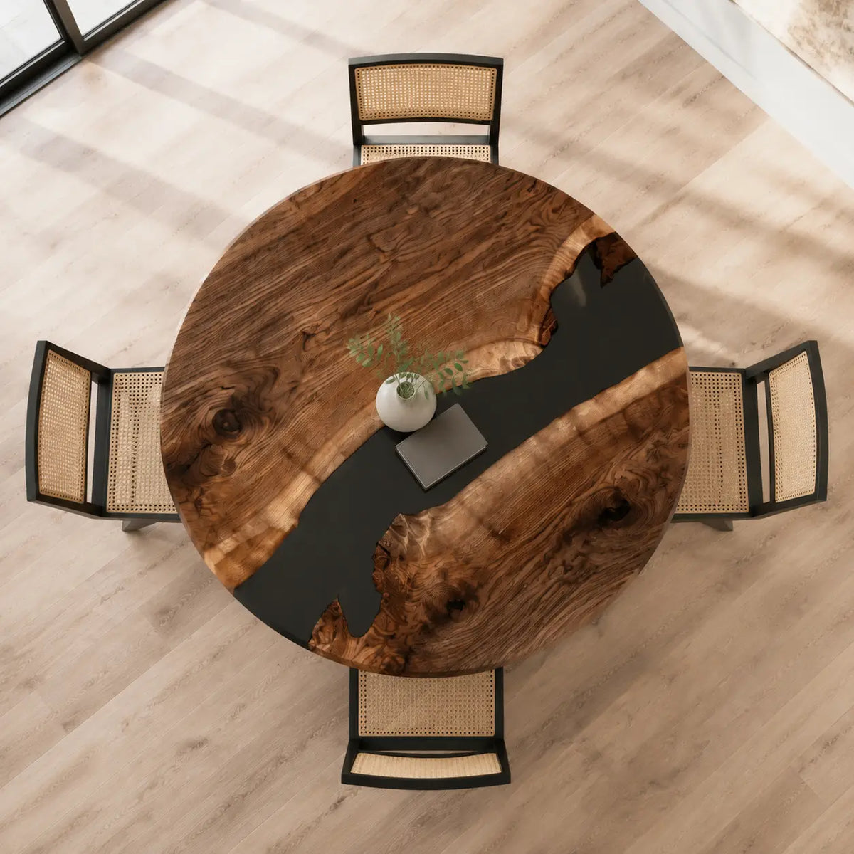 ERTC02 Onyx Crossing Jet Black Epoxy Black Walnut Round Table featuring handcrafted black walnut and jet black resin-5
