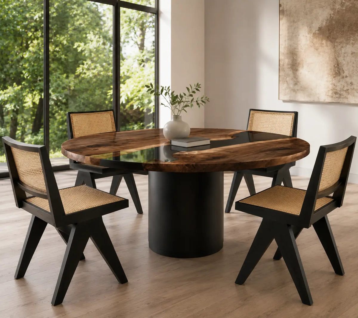 ERTC02 Onyx Crossing Jet Black Epoxy Black Walnut Round Table featuring handcrafted black walnut and jet black resin-6
