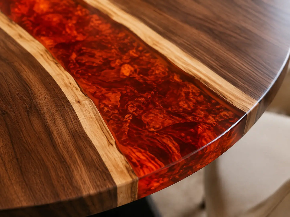 ERTC05 Ruby Meridian Ruby Red Epoxy Black Walnut Round Table featuring handcrafted black walnut and ruby red resin-2