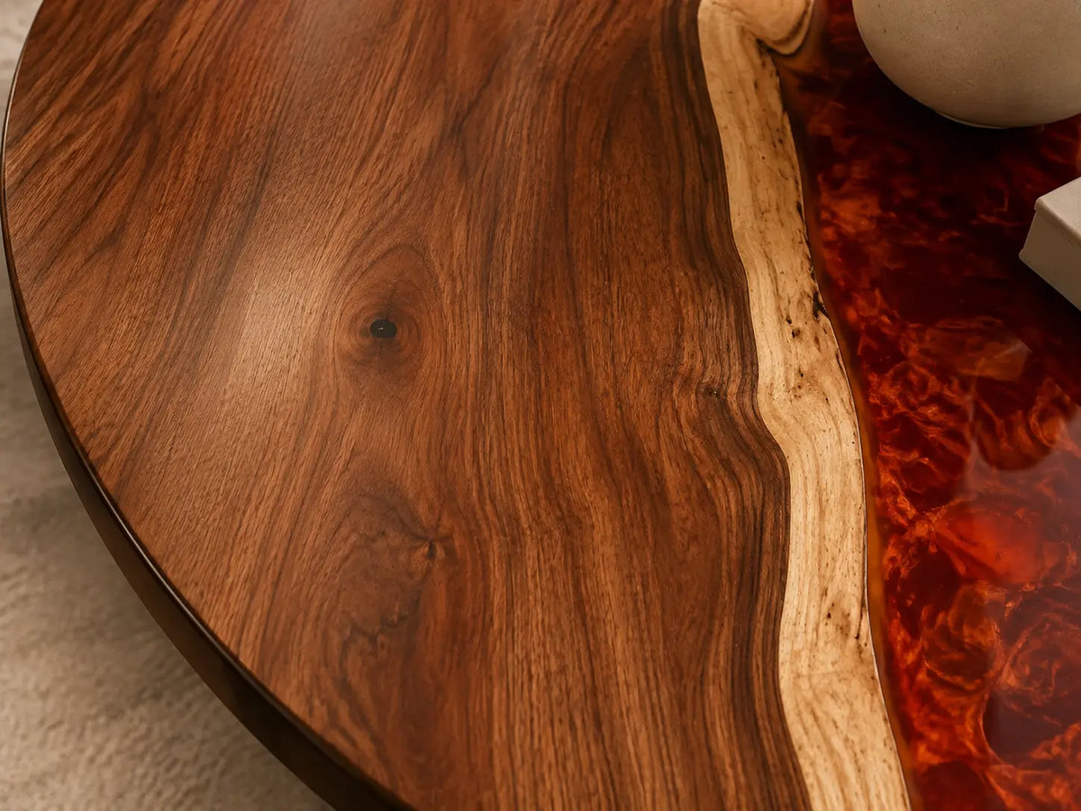 ERTC05 Ruby Meridian Ruby Red Epoxy Black Walnut Round Table featuring handcrafted black walnut and ruby red resin-3