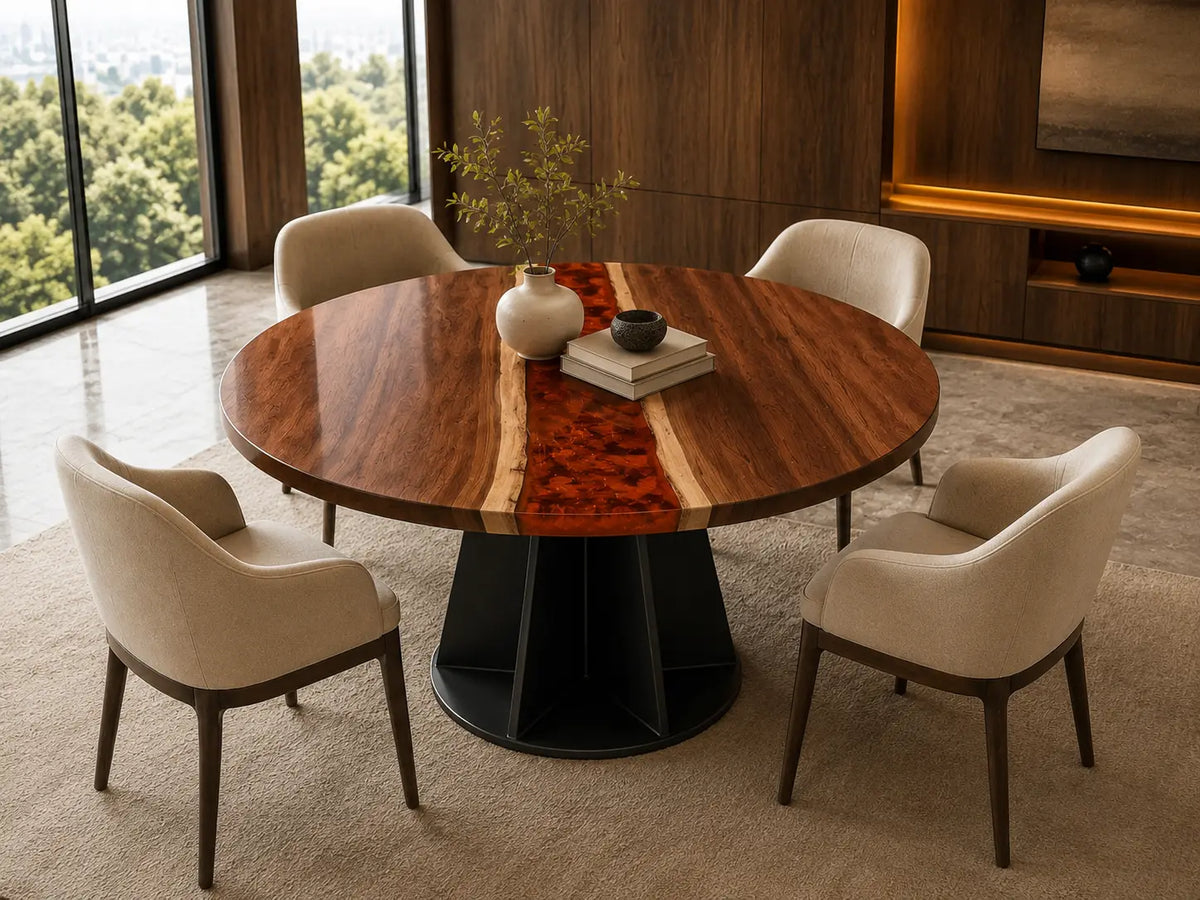 ERTC05 Ruby Meridian Ruby Red Epoxy Black Walnut Round Table featuring handcrafted black walnut and ruby red resin-4