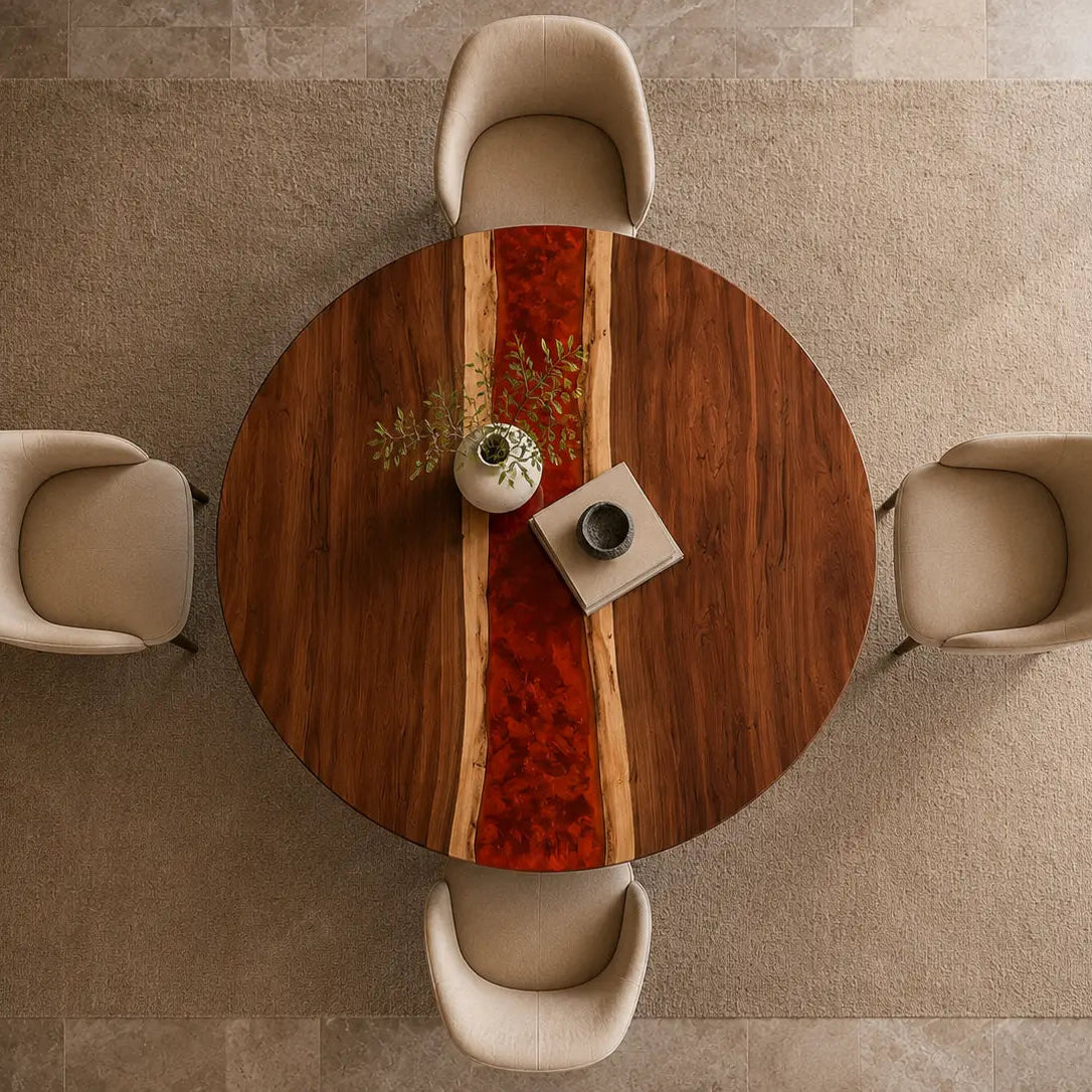 ERTC05 Ruby Meridian Ruby Red Epoxy Black Walnut Round Table featuring handcrafted black walnut and ruby red resin-5