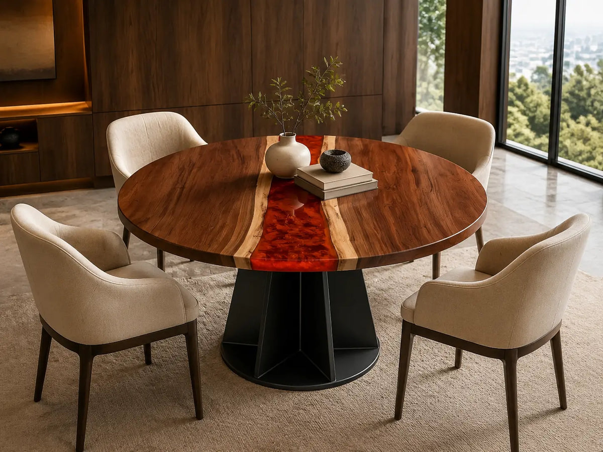 ERTC05 Ruby Meridian Ruby Red Epoxy Black Walnut Round Table featuring handcrafted black walnut and ruby red resin-1