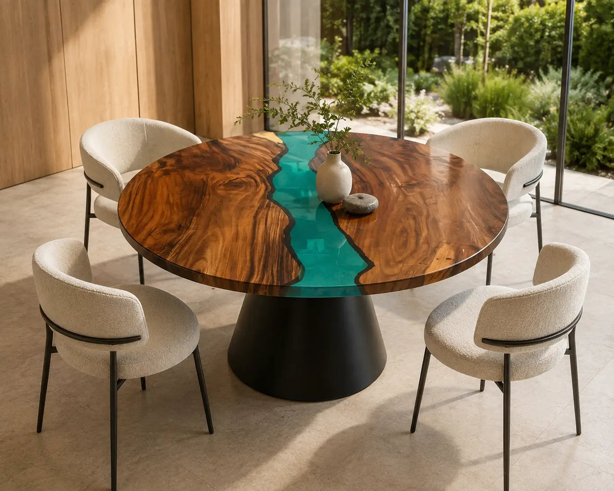 ERTC06 Turquoise Stream Turquoise Epoxy Walnut Round Table featuring handcrafted walnut wood and turquoise resin-1
