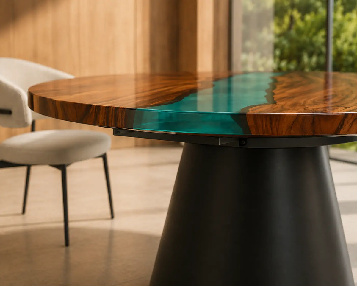 ERTC06 Turquoise Stream Turquoise Epoxy Walnut Round Table featuring handcrafted walnut wood and turquoise resin-2