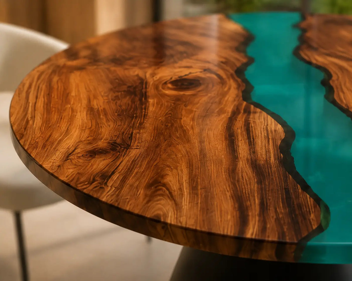 ERTC06 Turquoise Stream Turquoise Epoxy Walnut Round Table featuring handcrafted walnut wood and turquoise resin-3
