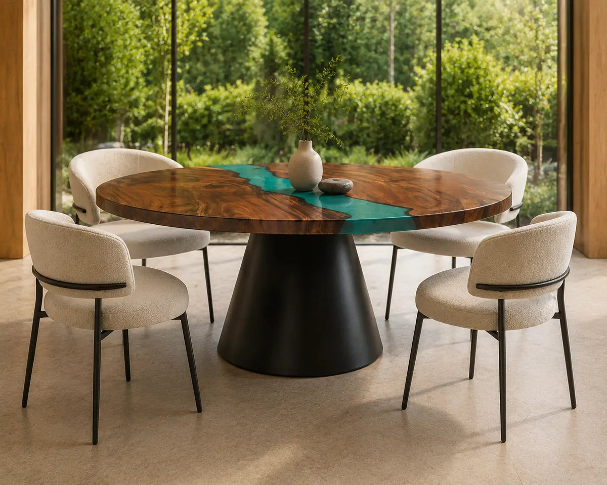 ERTC06 Turquoise Stream Turquoise Epoxy Walnut Round Table featuring handcrafted walnut wood and turquoise resin-4