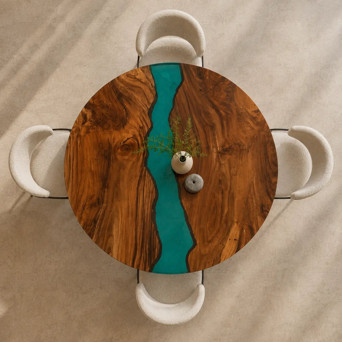 ERTC06 Turquoise Stream Turquoise Epoxy Walnut Round Table featuring handcrafted walnut wood and turquoise resin-6