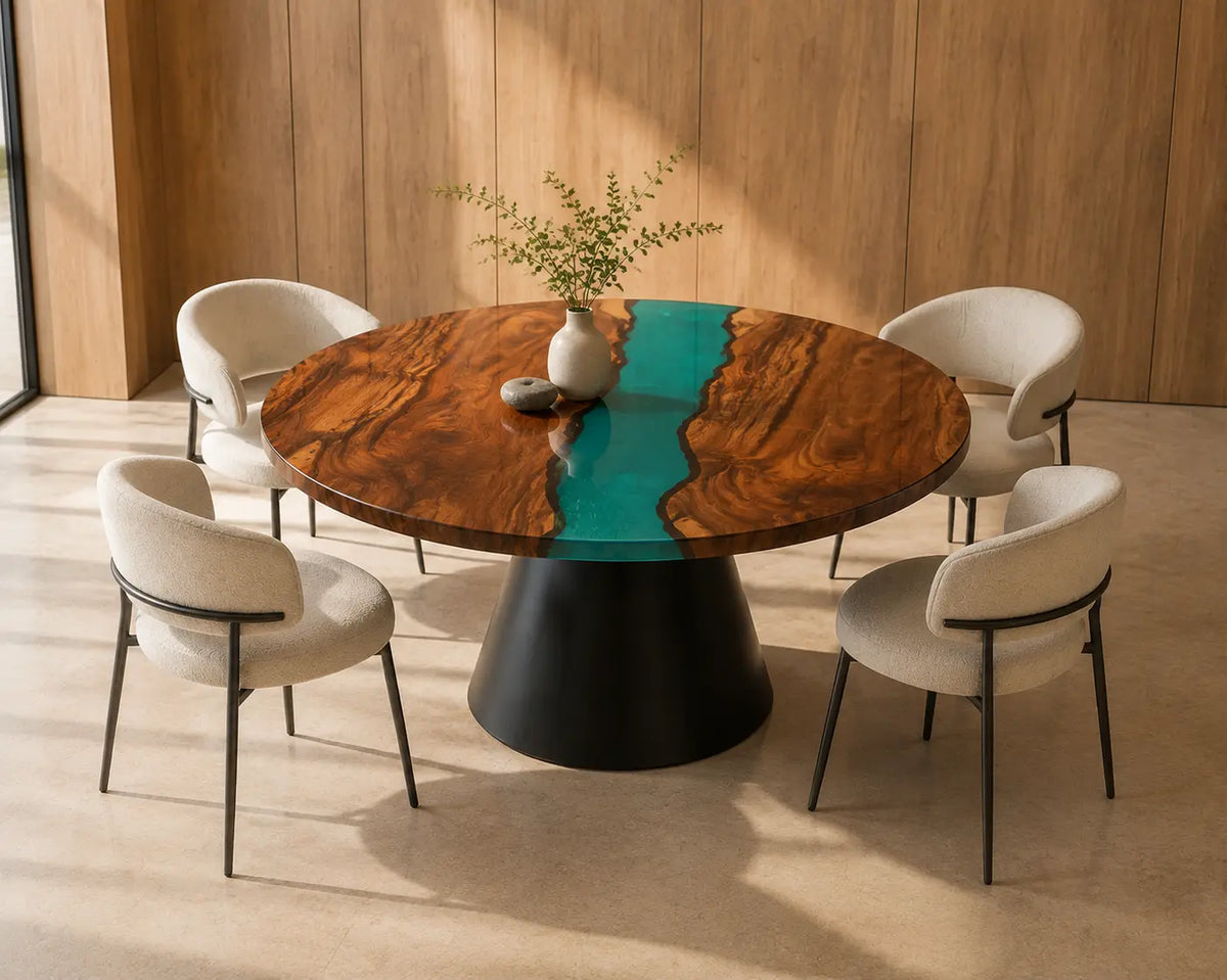 ERTC06 Turquoise Stream Turquoise Epoxy Walnut Round Table featuring handcrafted walnut wood and turquoise resin-5