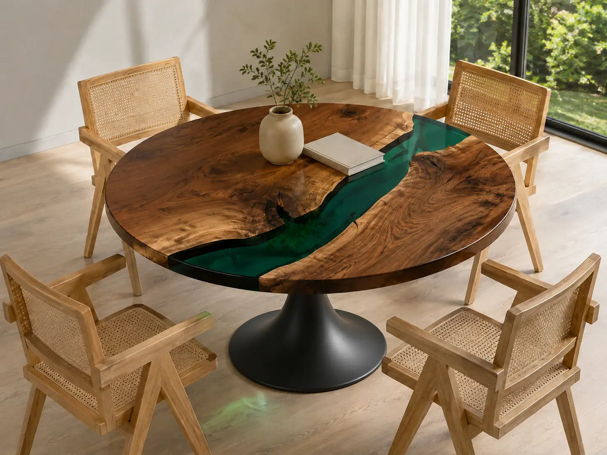 ERTC07 Forest Cove Forest Green Epoxy Walnut Round Table featuring handcrafted walnut wood and forest green resin-1