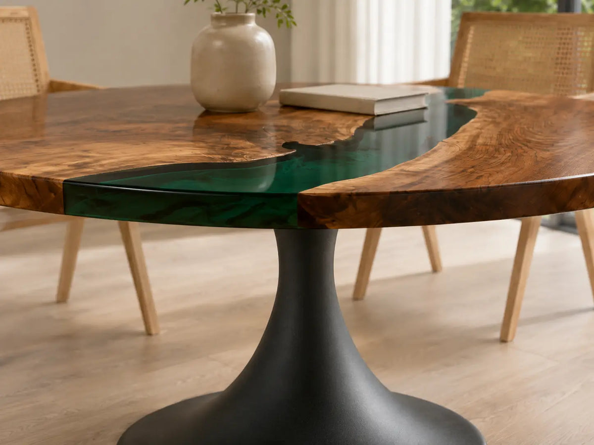ERTC07 Forest Cove Forest Green Epoxy Walnut Round Table featuring handcrafted walnut wood and forest green resin-2