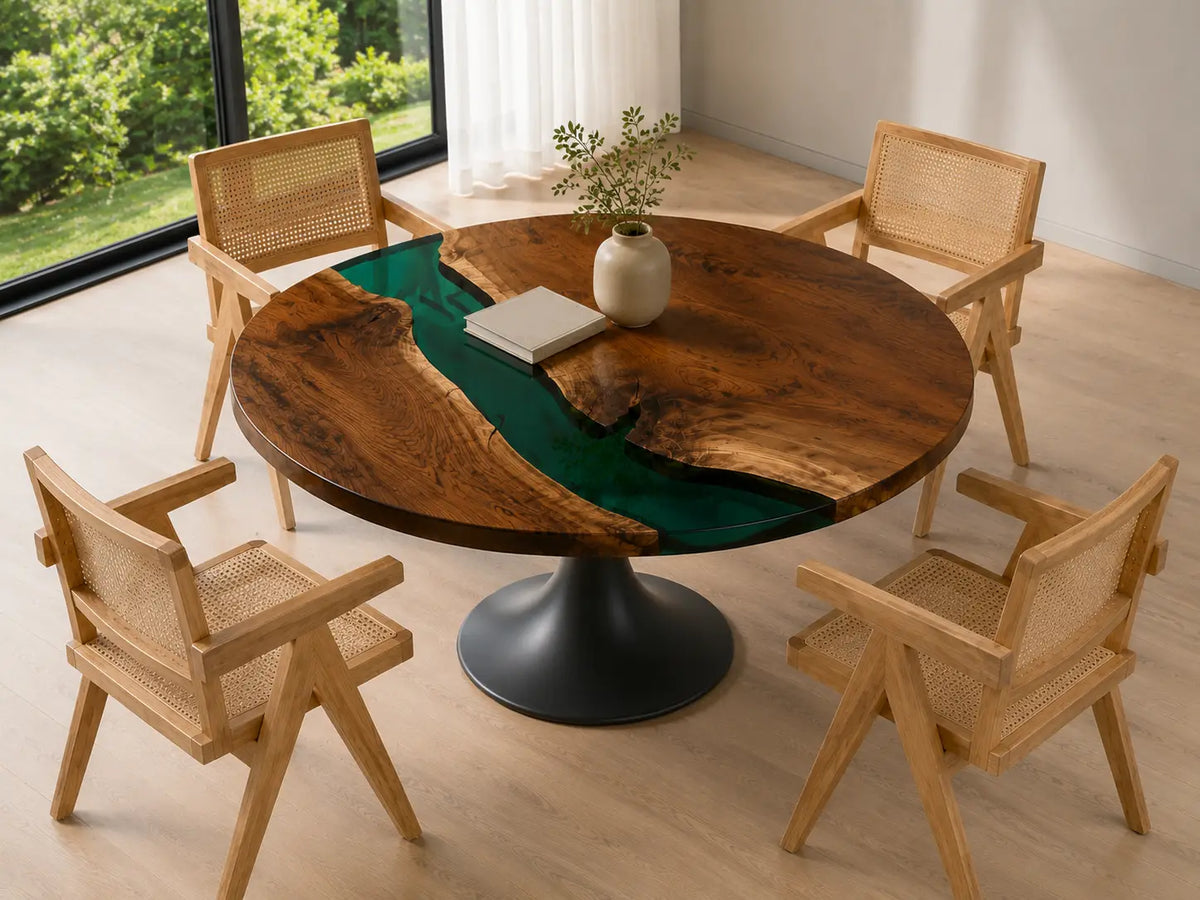 ERTC07 Forest Cove Forest Green Epoxy Walnut Round Table featuring handcrafted walnut wood and forest green resin-4