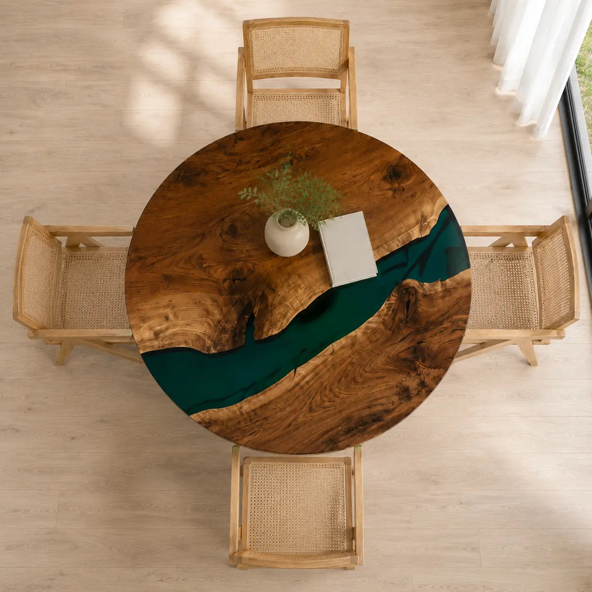 ERTC07 Forest Cove Forest Green Epoxy Walnut Round Table featuring handcrafted walnut wood and forest green resin-5