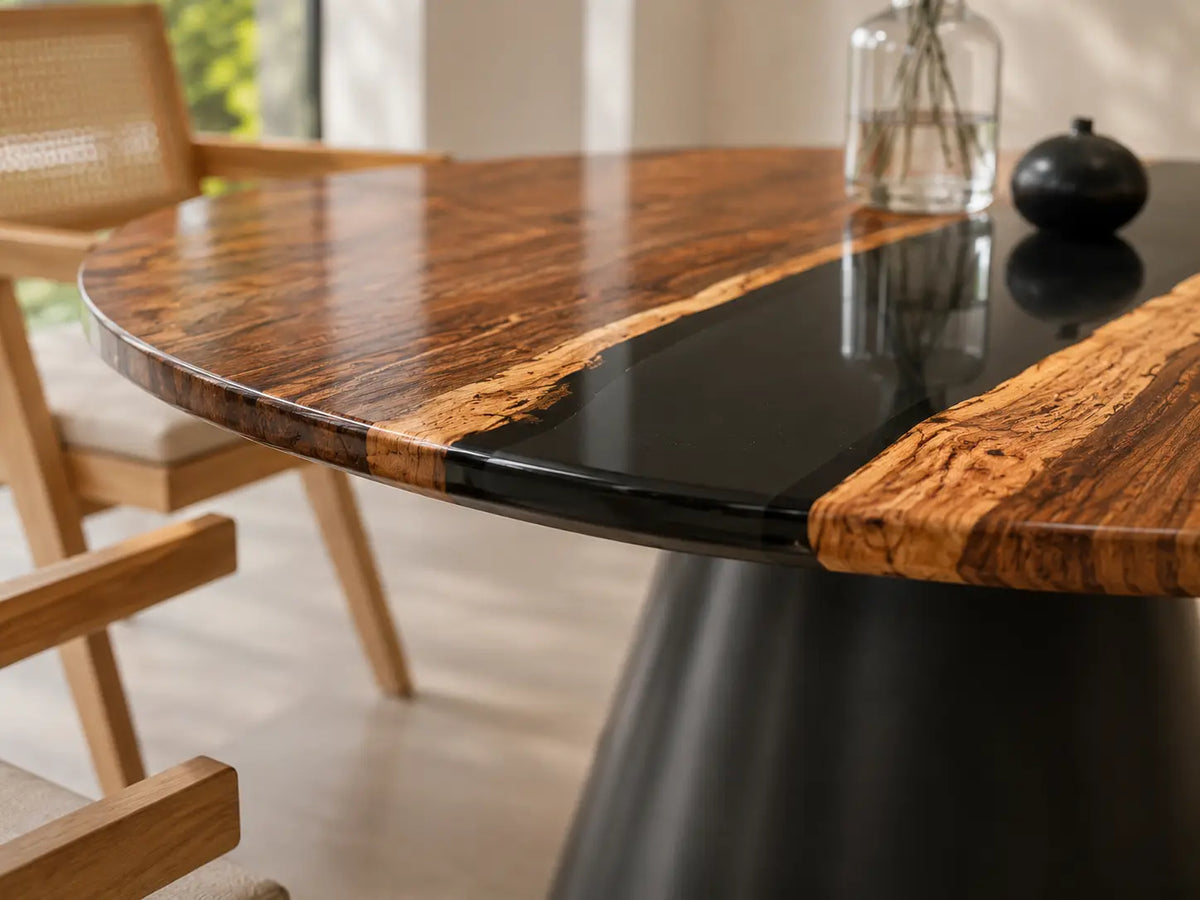 ERTC08 Midnight Vein Jet Black Epoxy Walnut Round Table featuring handcrafted walnut wood and jet black resin-3