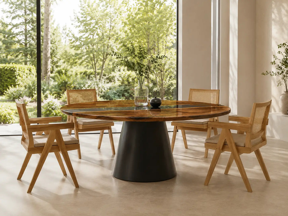 ERTC08 Midnight Vein Jet Black Epoxy Walnut Round Table featuring handcrafted walnut wood and jet black resin-4