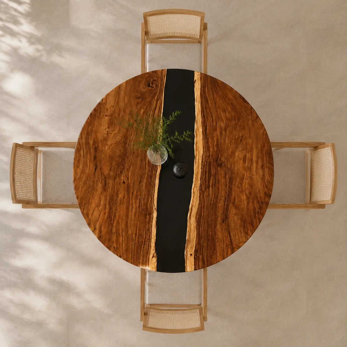 ERTC08 Midnight Vein Jet Black Epoxy Walnut Round Table featuring handcrafted walnut wood and jet black resin-5