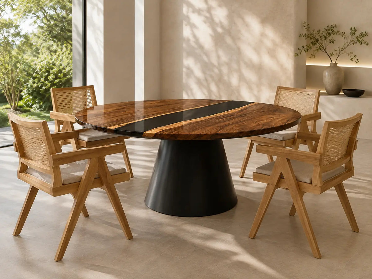 ERTC08 Midnight Vein Jet Black Epoxy Walnut Round Table featuring handcrafted walnut wood and jet black resin-6