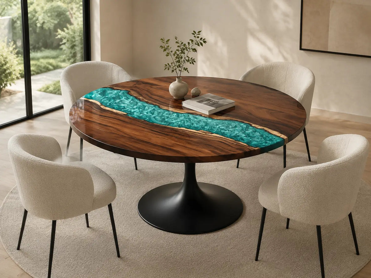 ERTC09 Aqua Ribbon Turquoise Epoxy Walnut Round Table featuring handcrafted walnut wood and turquoise resin-1