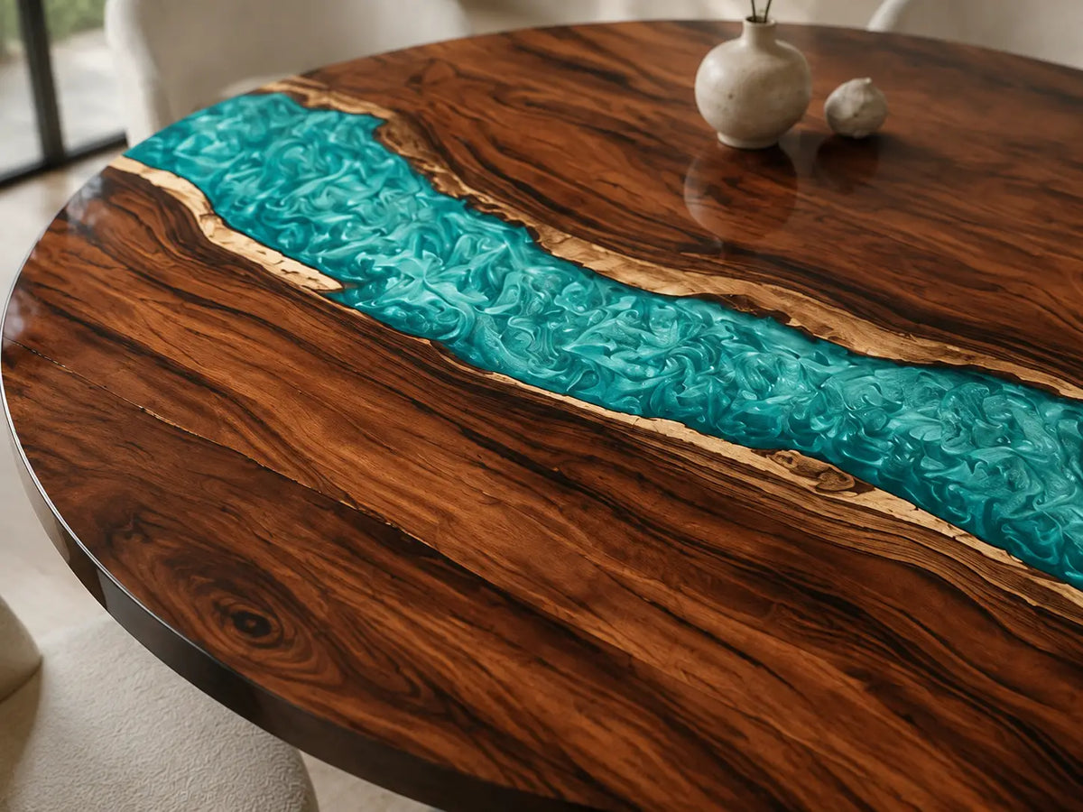 ERTC09 Aqua Ribbon Turquoise Epoxy Walnut Round Table featuring handcrafted walnut wood and turquoise resin-2