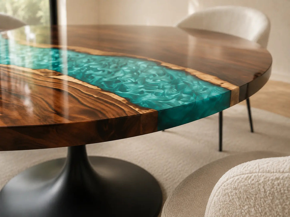 ERTC09 Aqua Ribbon Turquoise Epoxy Walnut Round Table featuring handcrafted walnut wood and turquoise resin-3
