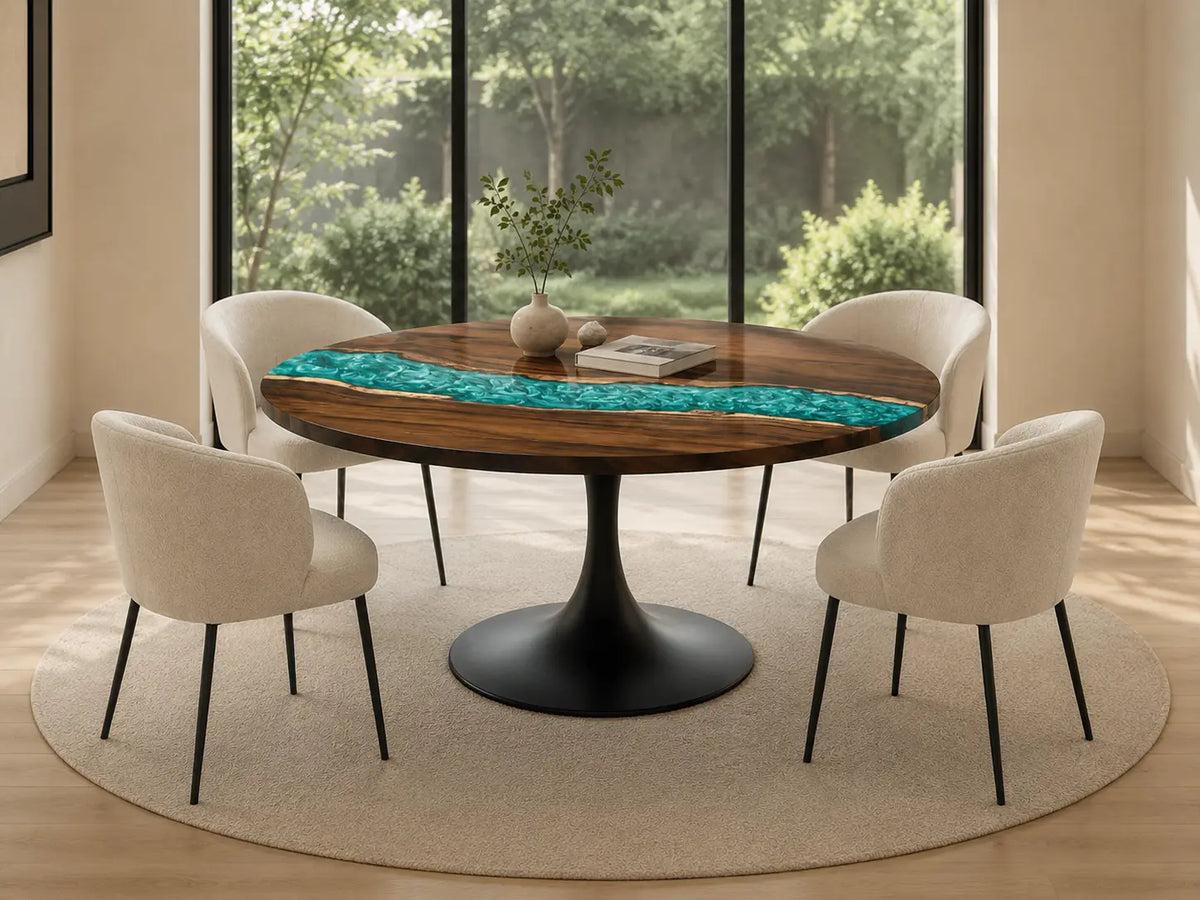 ERTC09 Aqua Ribbon Turquoise Epoxy Walnut Round Table featuring handcrafted walnut wood and turquoise resin-4