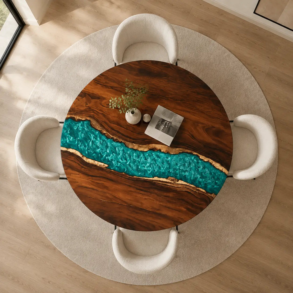ERTC09 Aqua Ribbon Turquoise Epoxy Walnut Round Table featuring handcrafted walnut wood and turquoise resin-5