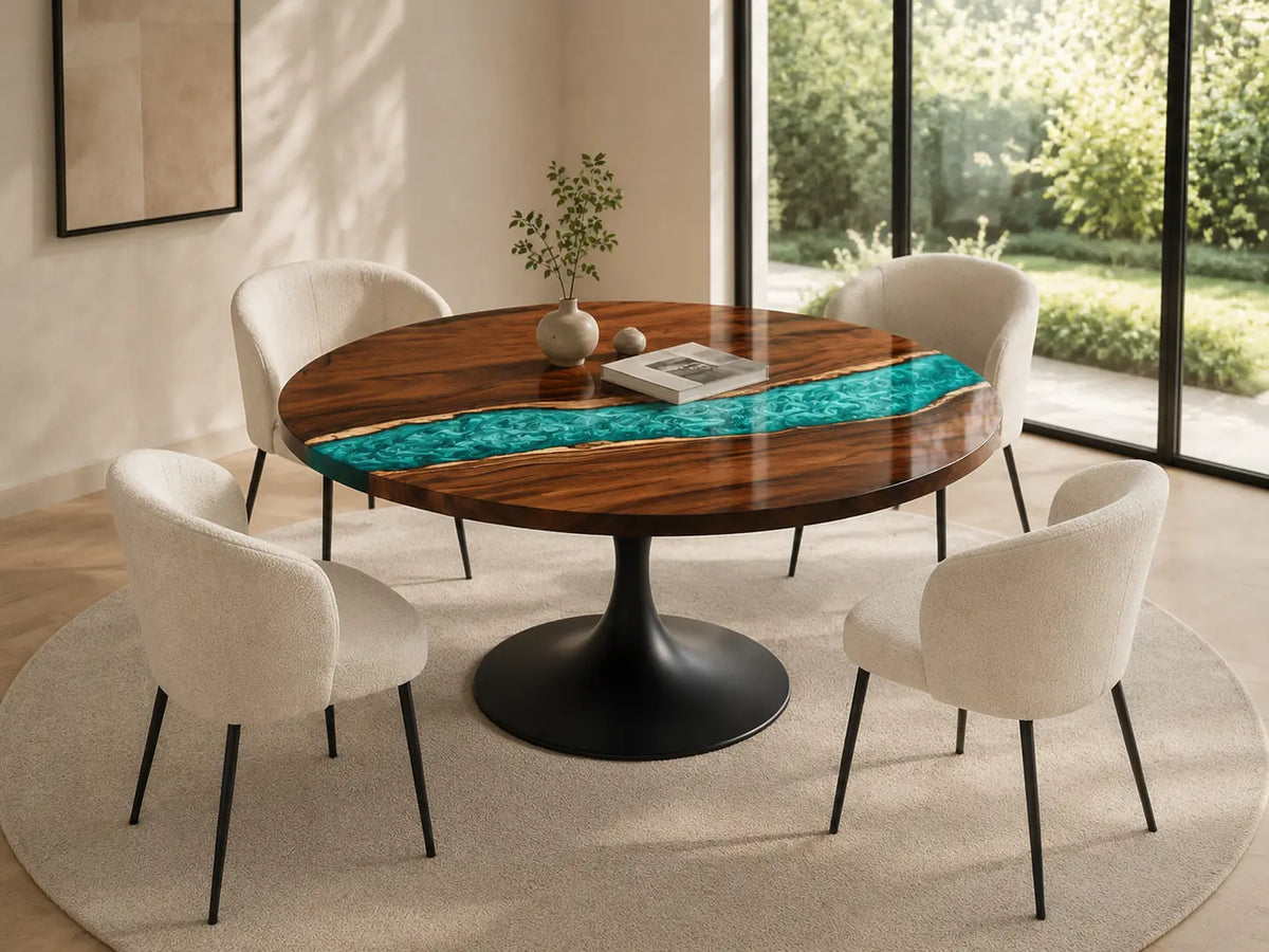 ERTC09 Aqua Ribbon Turquoise Epoxy Walnut Round Table featuring handcrafted walnut wood and turquoise resin-6