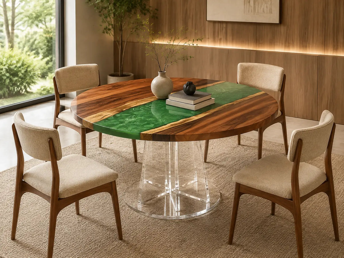 ERTC10 Emerald Path Emerald Green Epoxy Walnut Round Table featuring handcrafted walnut wood and emerald green resin-1