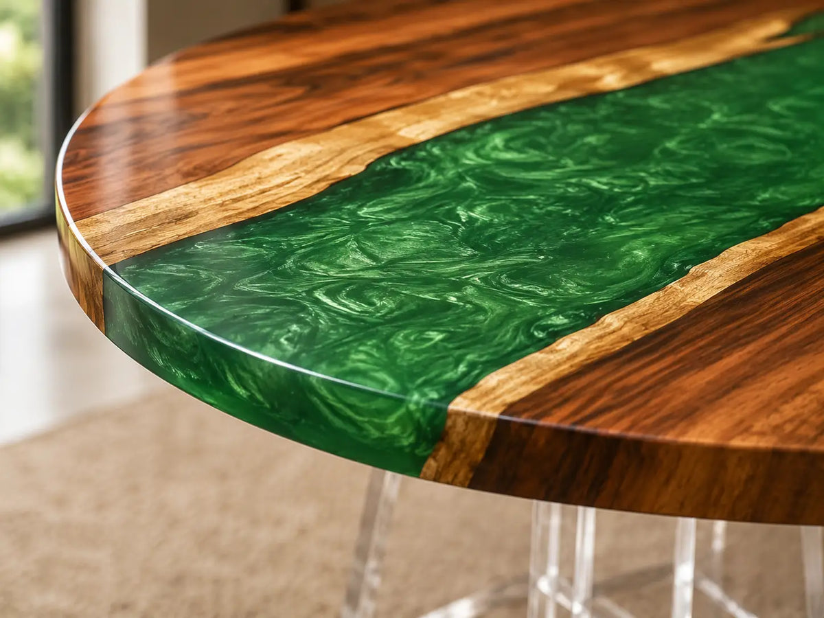 ERTC10 Emerald Path Emerald Green Epoxy Walnut Round Table featuring handcrafted walnut wood and emerald green resin-2