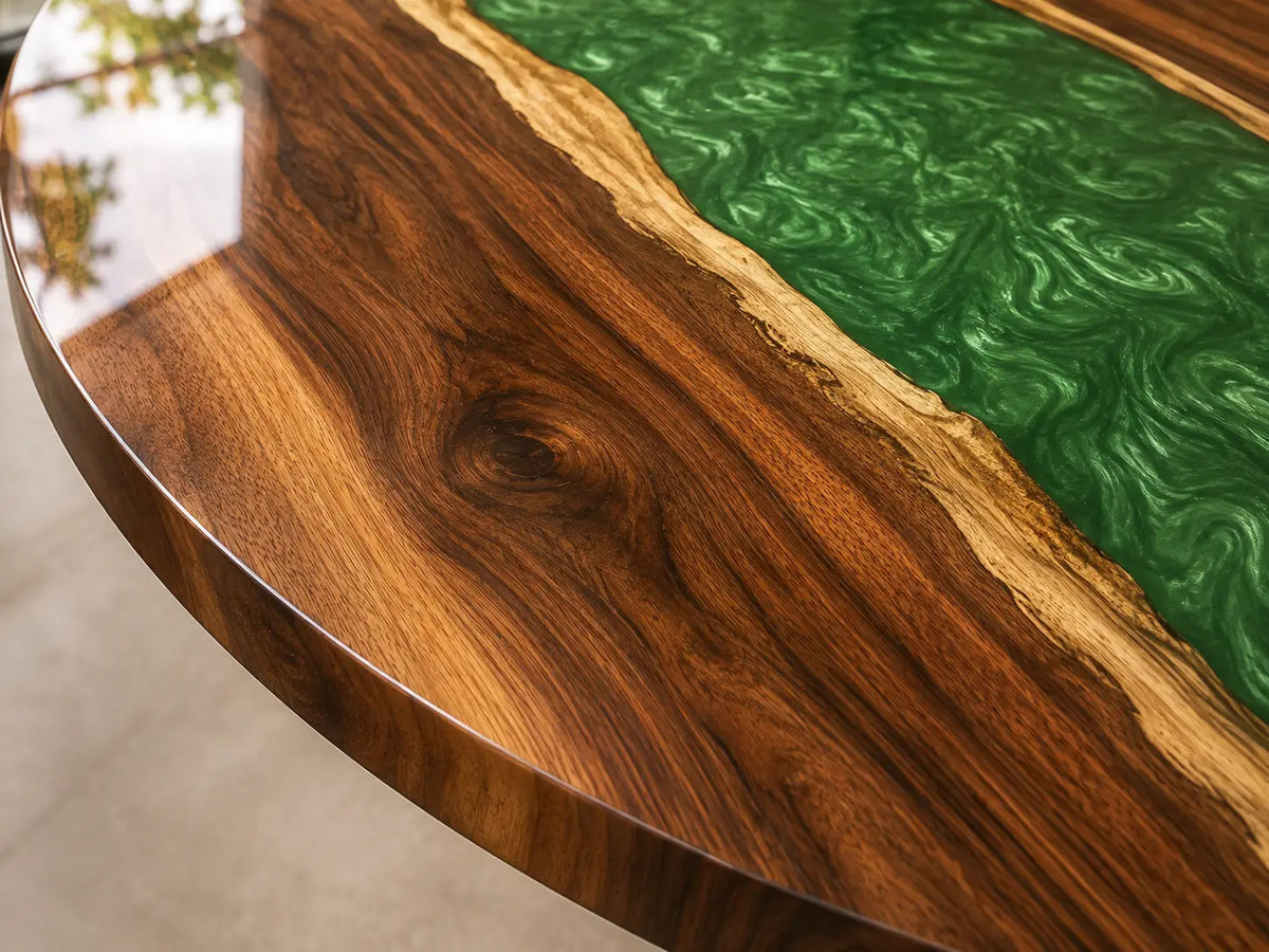 ERTC10 Emerald Path Emerald Green Epoxy Walnut Round Table featuring handcrafted walnut wood and emerald green resin-3