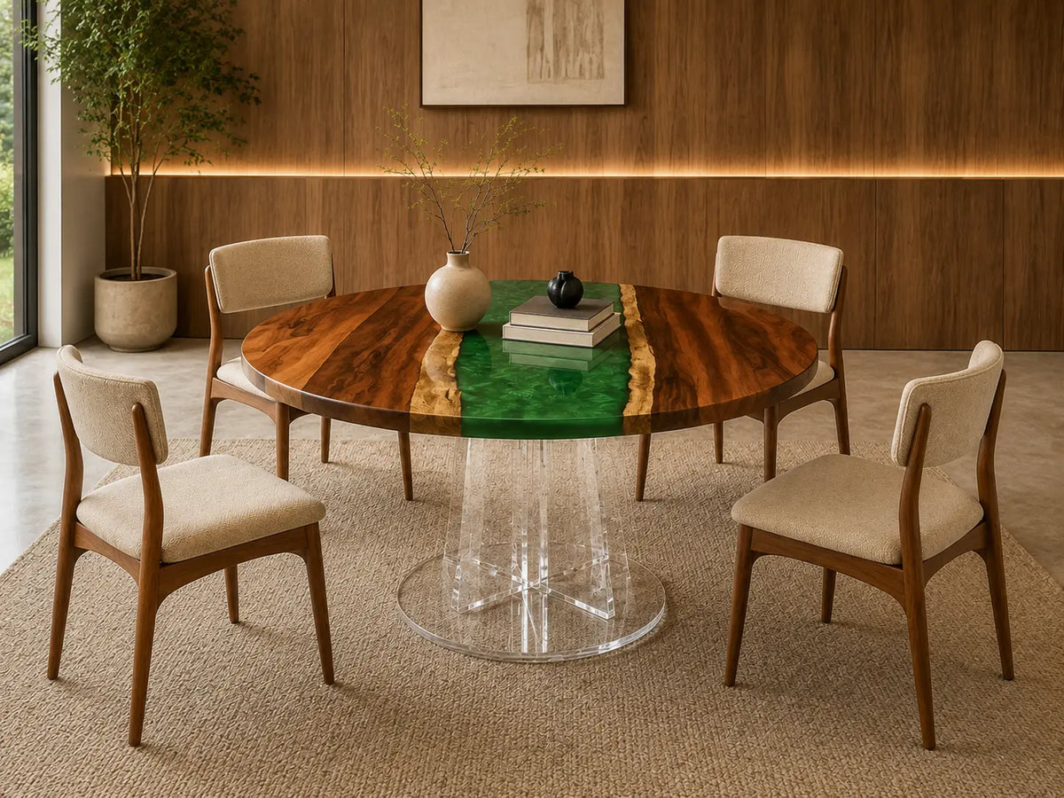 ERTC10 Emerald Path Emerald Green Epoxy Walnut Round Table featuring handcrafted walnut wood and emerald green resin-4