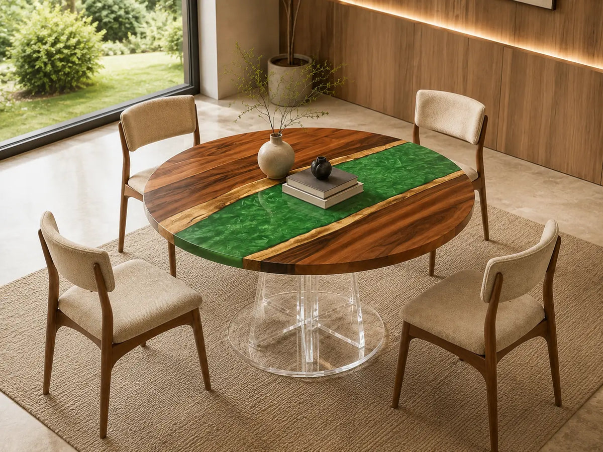 ERTC10 Emerald Path Emerald Green Epoxy Walnut Round Table featuring handcrafted walnut wood and emerald green resin-5