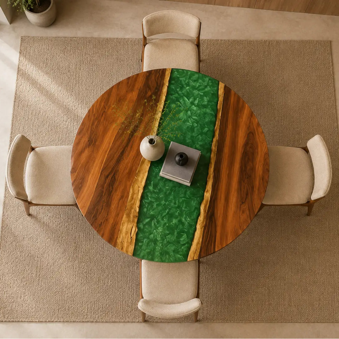 ERTC10 Emerald Path Emerald Green Epoxy Walnut Round Table featuring handcrafted walnut wood and emerald green resin-6