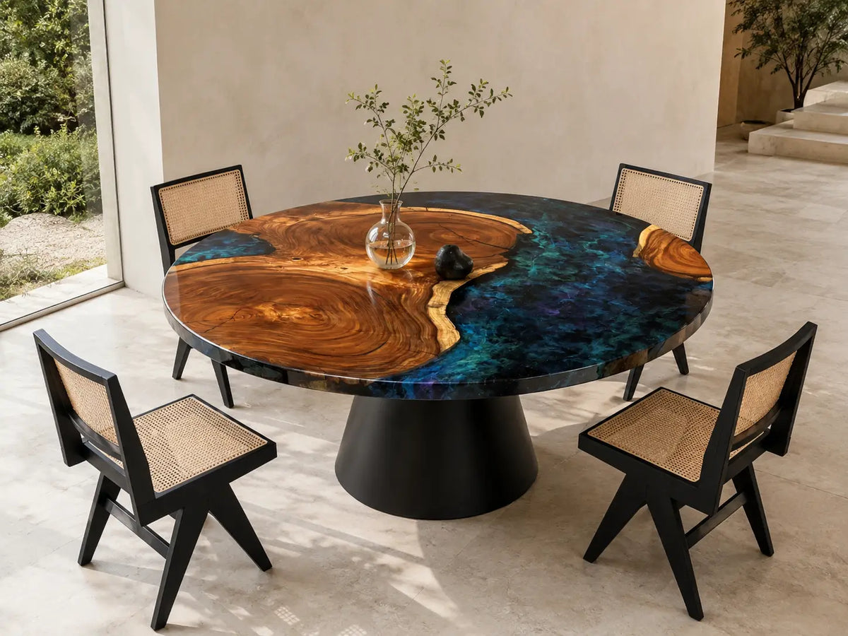 ERTC11 Galaxy Basin Galaxy Blue Epoxy Walnut Round Table featuring handcrafted walnut wood and galaxy blue resin-1