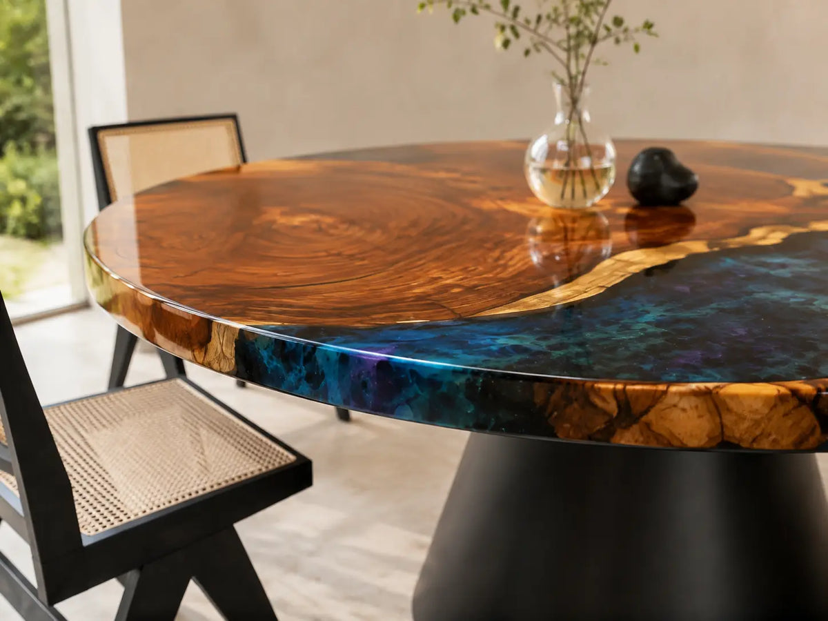 ERTC11 Galaxy Basin Galaxy Blue Epoxy Walnut Round Table featuring handcrafted walnut wood and galaxy blue resin-2