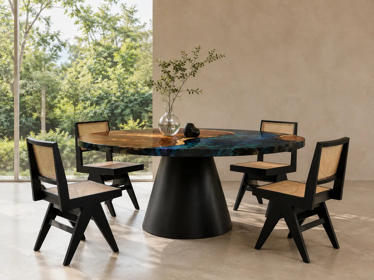 ERTC11 Galaxy Basin Galaxy Blue Epoxy Walnut Round Table featuring handcrafted walnut wood and galaxy blue resin-4