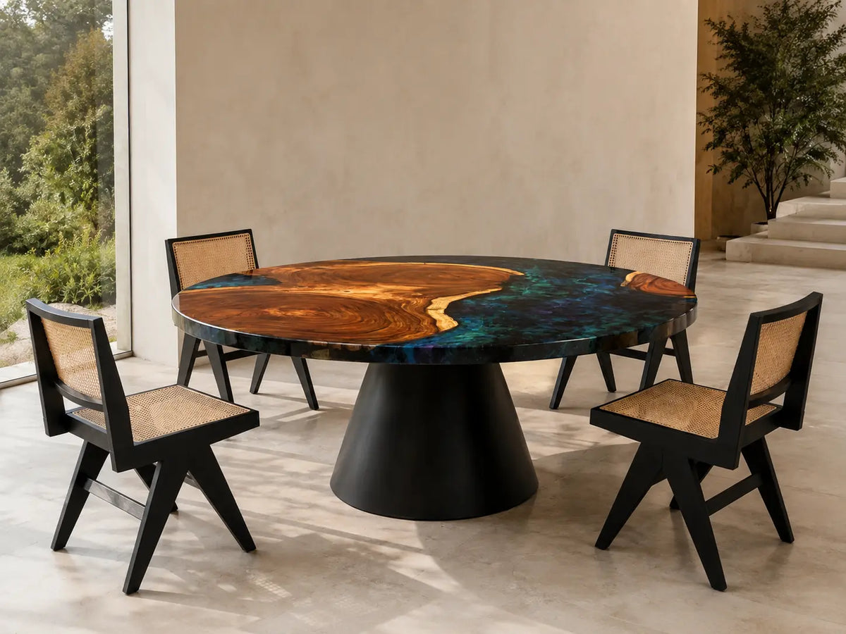 ERTC11 Galaxy Basin Galaxy Blue Epoxy Walnut Round Table featuring handcrafted walnut wood and galaxy blue resin-5