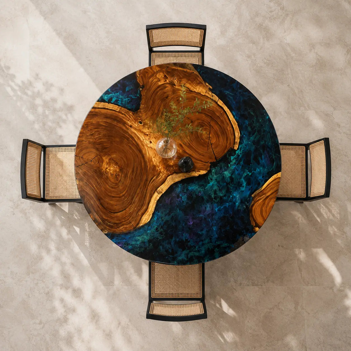 ERTC11 Galaxy Basin Galaxy Blue Epoxy Walnut Round Table featuring handcrafted walnut wood and galaxy blue resin-6