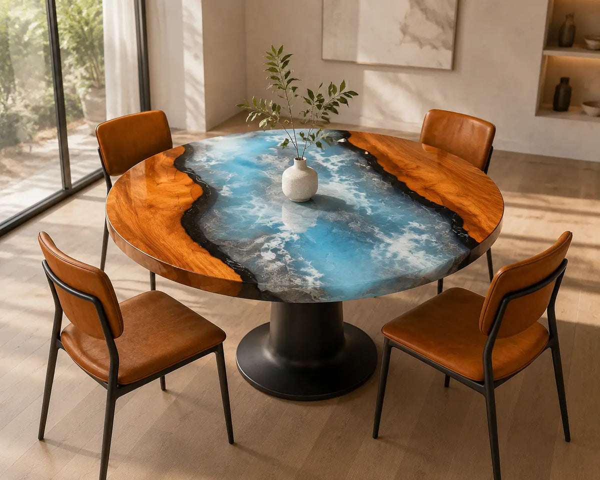ERTC12 Coastal Crest Ocean Foam Epoxy Walnut Round Table featuring handcrafted walnut wood and ocean foam resin-1